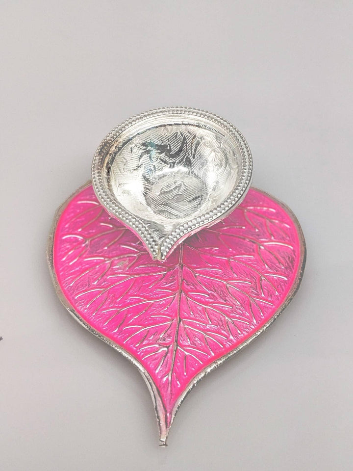 Pink enamel silver diya/lamp - pure silver gift items- silver pooja items for home, return gift for navarathri, wedding and housewarming
