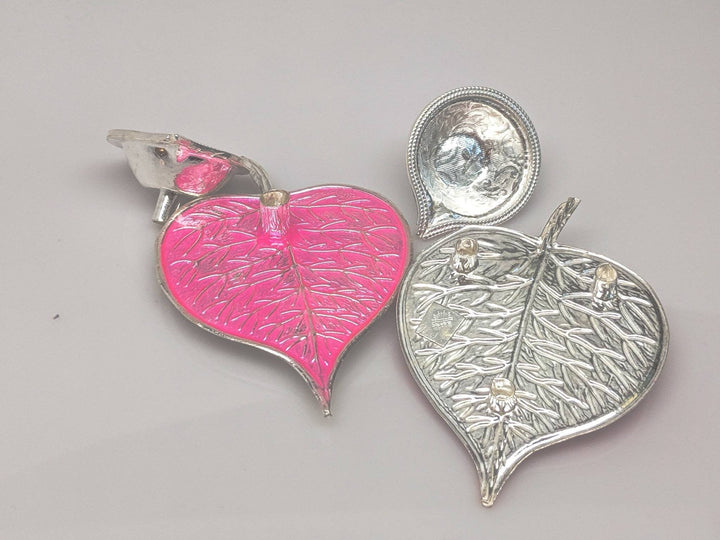 Pink enamel silver diya/lamp - pure silver gift items- silver pooja items for home, return gift for navarathri, wedding and housewarming