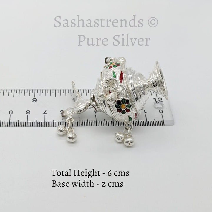 Pure silver peacock kumkum box with connected lid and bell - pure silver gift items- pooja items for home,return gift for navarathri, &housewarming