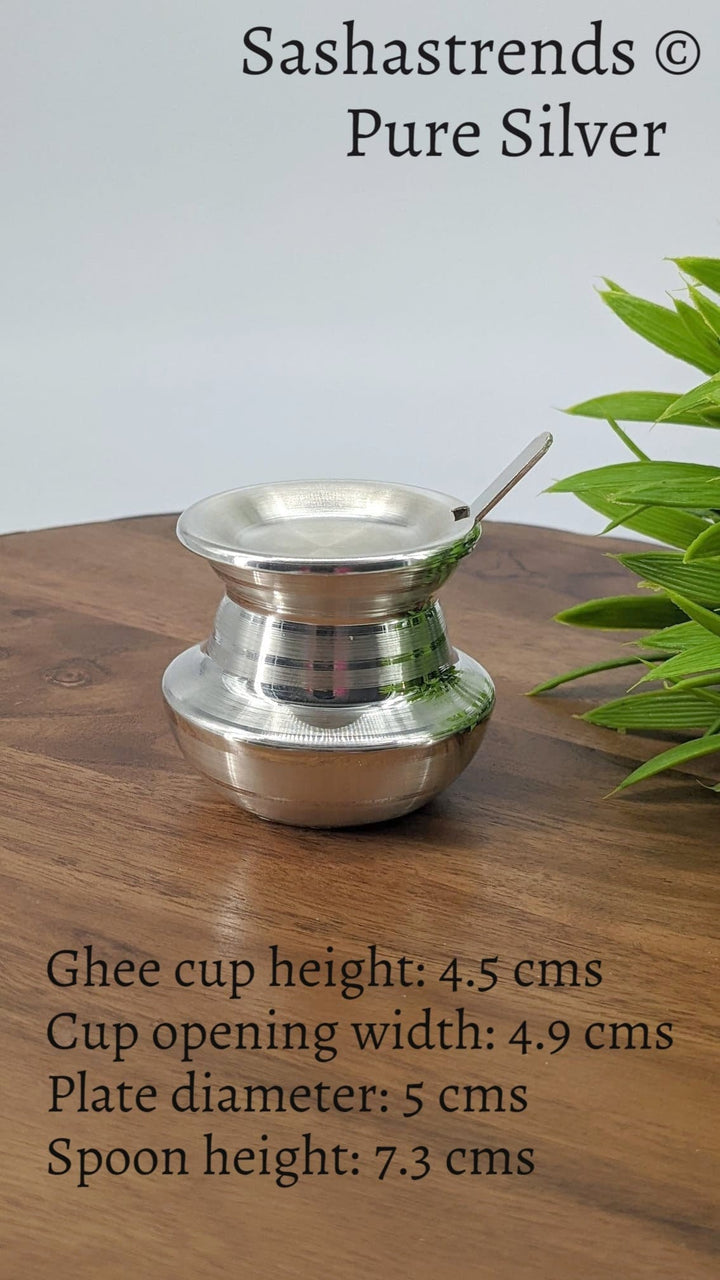 Silver Ghee cup with lid and spoon - Sterling silver gift items - pooja items for home, return gift for navarathri, wedding & housewarming