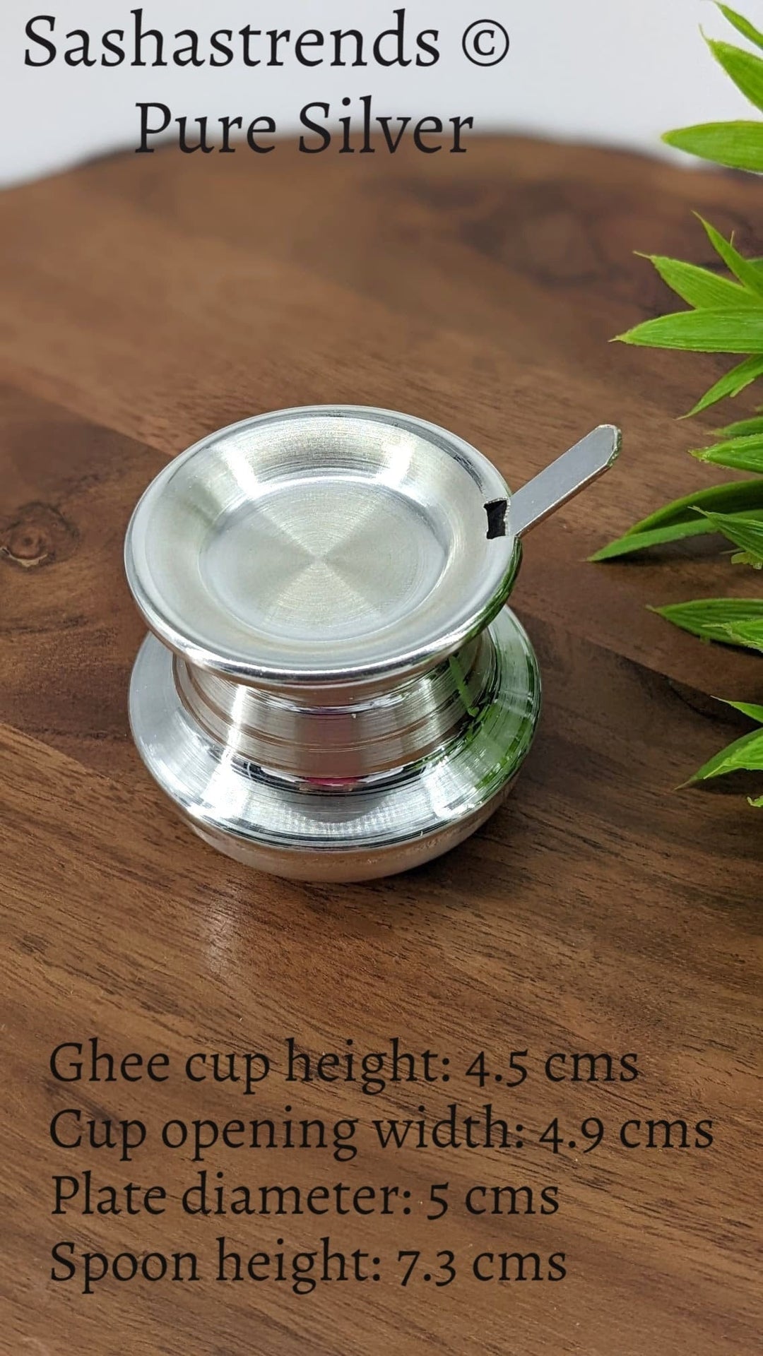 Silver Ghee cup with lid and spoon - Sterling silver gift items - pooja items for home, return gift for navarathri, wedding & housewarming