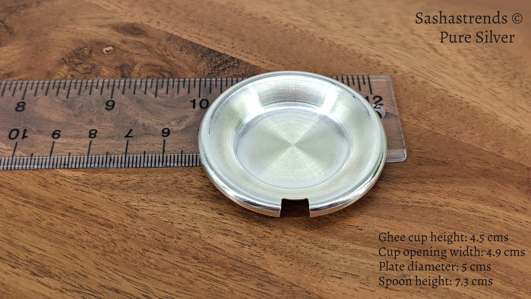 Silver Ghee cup with lid and spoon - Sterling silver gift items - pooja items for home, return gift for navarathri, wedding & housewarming