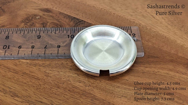 Silver Ghee cup with lid and spoon - Sterling silver gift items - pooja items for home, return gift for navarathri, wedding & housewarming