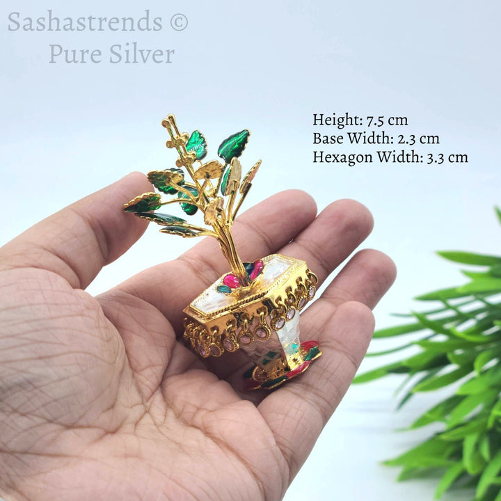 Silver Tulasi plant - Hexagon shaped pot -pure silver gift items- pooja items for home, return gift for Navaratri ,wedding & housewarming