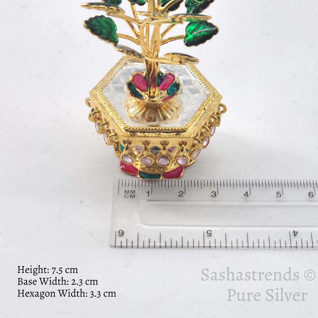 Silver Tulasi plant - Hexagon shaped pot -pure silver gift items- pooja items for home, return gift for Navaratri ,wedding & housewarming