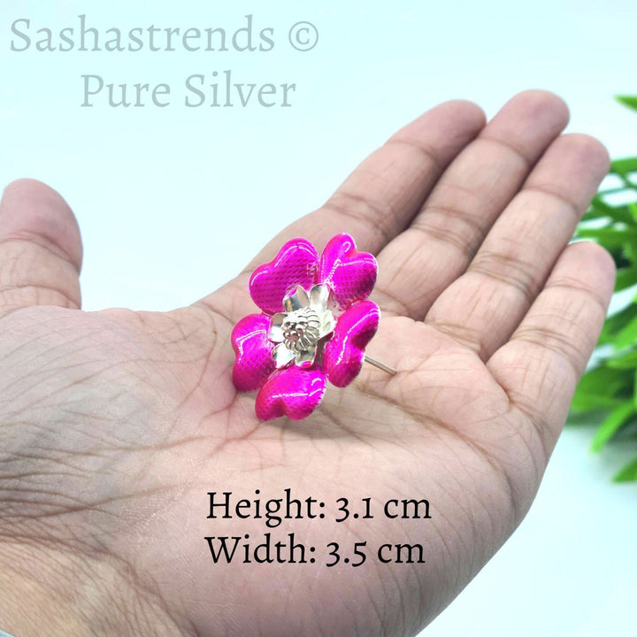 Silver flower- pink enamel flower -Silver Pooja Items for Home, Return Gift for Navarathri, Wedding, & Housewarming
