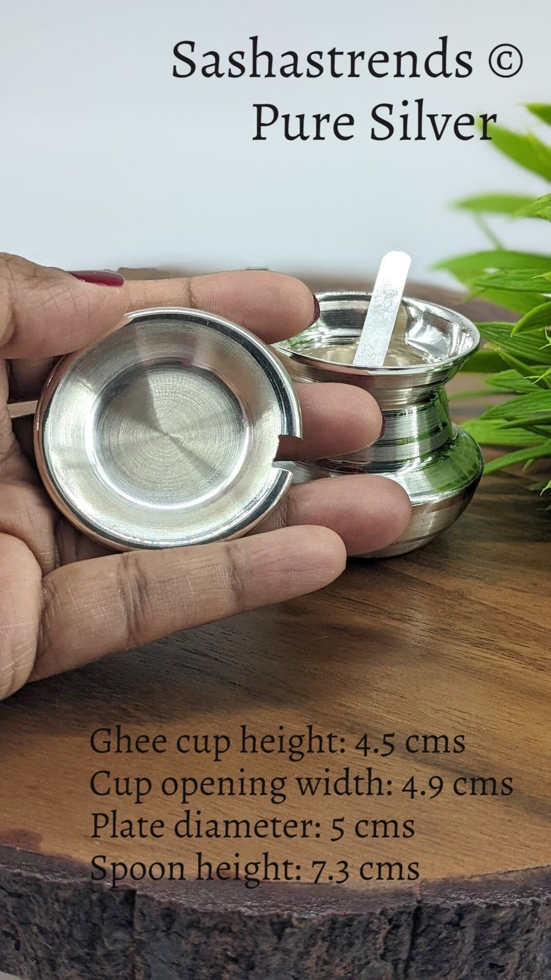 Silver Ghee cup with lid and spoon - Sterling silver gift items - pooja items for home, return gift for navarathri, wedding & housewarming