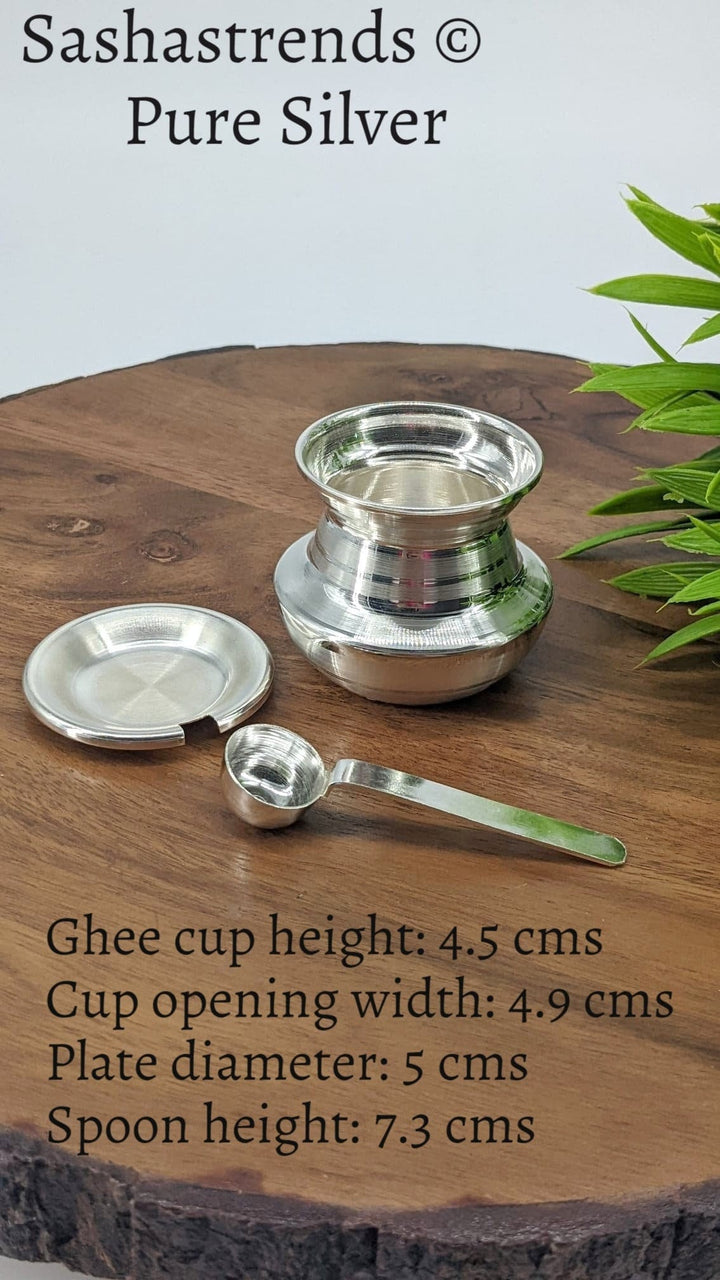 Silver Ghee cup with lid and spoon - Sterling silver gift items - pooja items for home, return gift for navarathri, wedding & housewarming