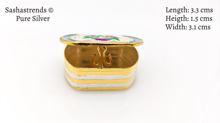 Pure silver flower enamel kumkum box with 2 partition- pure silver gift items-pooja items for home,return gift for navarathri, &housewarming