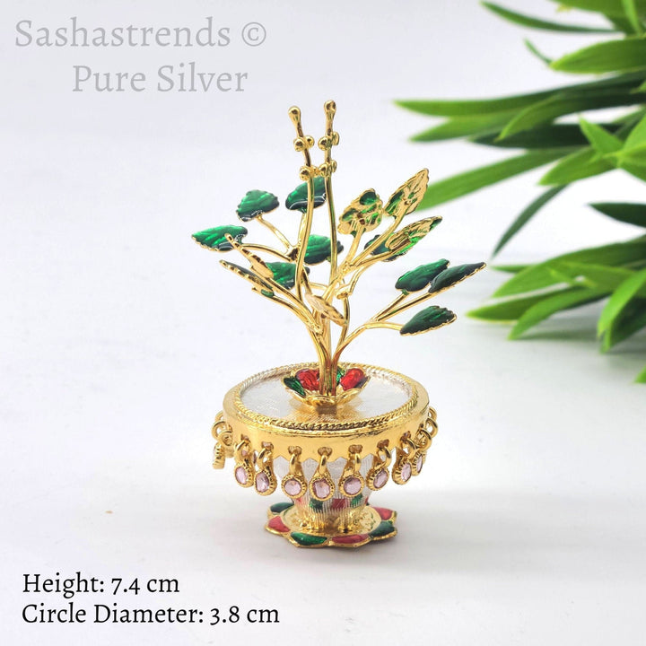 Silver Tulasi plant - Round shaped pot -pure silver gift items- pooja items for home, return gift for Navaratri ,wedding & housewarming