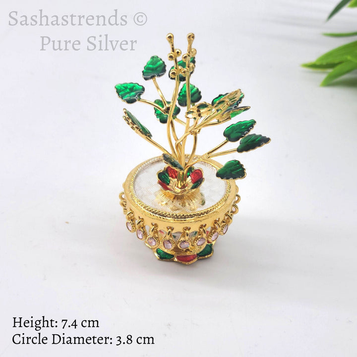 Silver Tulasi plant - Round shaped pot -pure silver gift items- pooja items for home, return gift for Navaratri ,wedding & housewarming