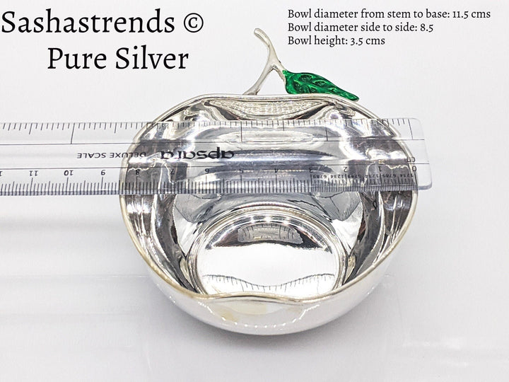 Pure silver sturdy apple shaped bowl 8.5cm diameter- silver babies feeding bowl-silver gift items for birthday, gifts wedding & housewarming